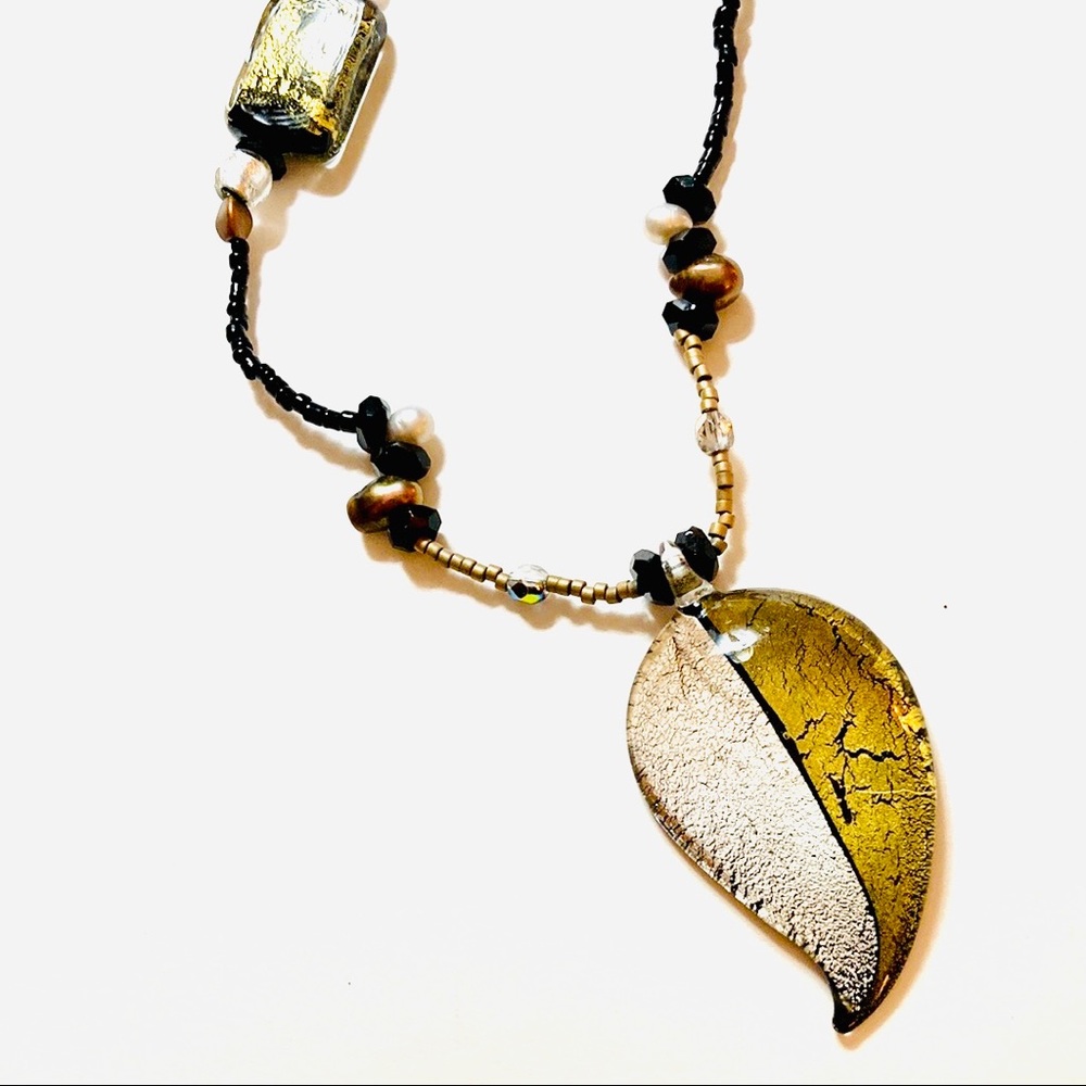 Handmade “The Great Divide" Black and Gold Leaf Statement Necklace